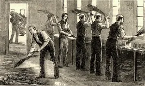 Textile Manufacturing Prints: Hackling Flax by hand, 1880 (engraving)