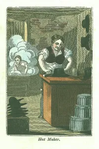 English Trades History Prints: The Hatter. In the foreground a hat is being shaped (blocked)