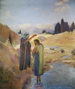 Prints of 544518 John the Baptist baptized Jesus Christ, 1921, by Frederic Montenard (1849-1926), fresco. Church of St Francis de Sales, Paris, France Frederic Montenard Prints: John the Baptist Baptism Fresco Print, Paris, 1921