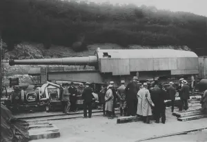World War I Black And White Photos Prints: Loading of a gun 270mm on an armoured train
