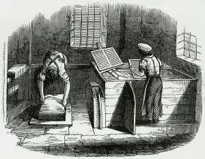 Manual Labor Jobs Prints: Making paper by hand by sieving pulp in forms. Engraving 1845