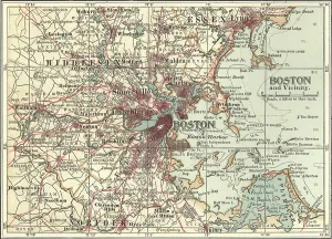 Old Fashioned Navigation Tools Prints: Map of Boston, c.1900 (engraving)