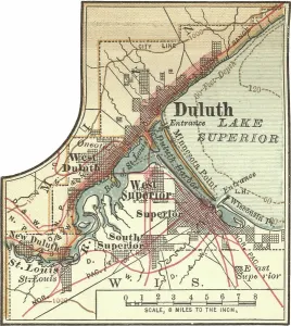 Old Fashioned Navigation Tools Prints: Map of Duluth, Minnesota, c.1900 (engraving)