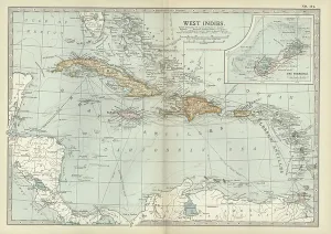 Old Fashioned Navigation Tools Prints: Map of the West Indies, c.1900 (engraving)