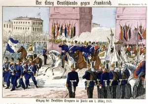 Historical Military Prints: Parade of german troops under the Arch of Triumph, Paris, 1871 (engraving)