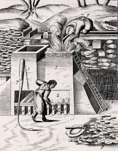 Copperplate Engraving History Prints: Roasting gold ore
