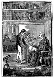 Young Boy Education Prints: Schoolmaster and pupils. A boy is showing his geometry exercise to the master