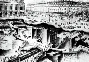 Black And White City Photography Prints: Section View of subway in Opera square in Paris, engraving c. 1910