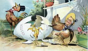 Easter Chick Prints: Small chick labelled Prosperity hatching from an egg labelled Easter, 1897