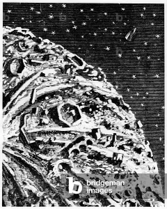 Science Fiction Artwork Prints: The space capsule Columbiad orbiting close to the Moon, 1865 (engraving)