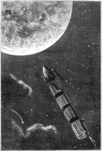 Jules Verne Prints: Space capsule dwarfed by the disc of the Moon