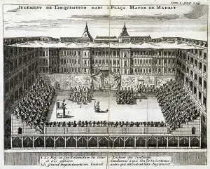 Spanish Catholic Church Prints: Trial by the Spanish Inquisition in progress in Madrid, 1759 (engraving)