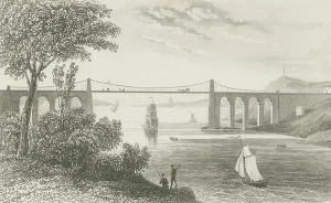 Welsh Countryside Scenery Prints: View of Menai Bridge on Isle of Anglesey. 19th century (engraving)