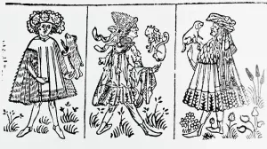 Medieval German Art Prints: woodblocks used to create Upper Rhine, german Playing Cards; 1460