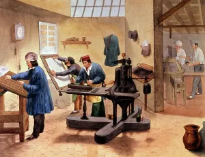Vintage Printing Equipment Prints: Workshop of a printer, end of the 19th century (illustration)