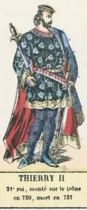 Thierry II, 21e roi, monte sur le trone en 720, mort en 737 (coloured engraving) Thierry II, 21e roi, monte sur le trone en 720, mort en 737 (coloured engraving)
