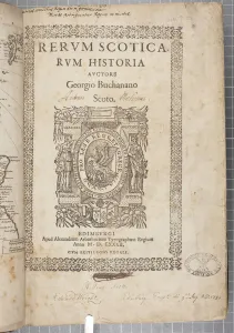 Title page of Rerum Scoticarum Historia, by George Buchanan (engraving) Title page of Rerum Scoticarum Historia, by George Buchanan (engraving)