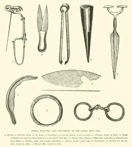 Tools, weapons, and ornaments of the Early Iron Age (engraving) Tools, weapons, and ornaments of the Early Iron Age (engraving)
