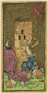 The Tower, fascimile of a tarot card from the Visconti deck The Tower, fascimile of a tarot card from the Visconti deck