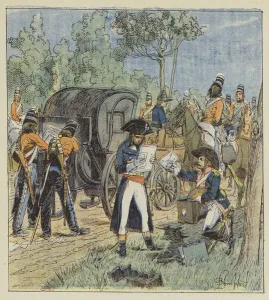 On trouve les preuves de la trahison de Pichegru dans les fourgons du general autrichien Kinglin (colour litho) On trouve les preuves de la trahison de Pichegru dans les fourgons du general autrichien Kinglin (colour litho)