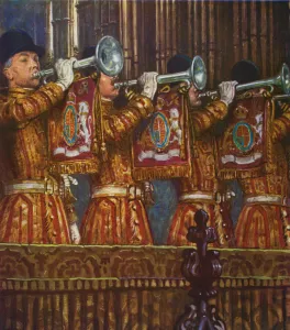 Trumpeters of the Household Cavalry sounding a fanfare (colour litho) Trumpeters of the Household Cavalry sounding a fanfare (colour litho)