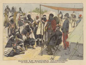 The Tuaregs of Hoggar submitting to French rule in the Algerian Sahara (colour litho) The Tuaregs of Hoggar submitting to French rule in the Algerian Sahara (colour litho)