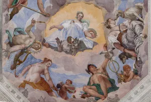 Universal Harmony surrounded by gods: Zeus with an eagle, Mars, Apollo with the lyre, Venus, Mercury with caduceus Universal Harmony surrounded by gods: Zeus with an eagle, Mars, Apollo with the lyre, Venus, Mercury with caduceus