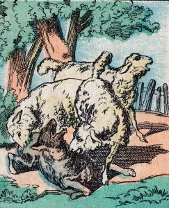 Upside down world: lambs eating wolves, 19th century (epinal print) Upside down world: lambs eating wolves, 19th century (epinal print)