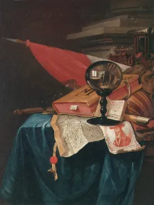 Vanitas still life with the artist at his easel reflected in a crystal ball Vanitas still life with the artist at his easel reflected in a crystal ball