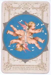 A Victorian ambigram card of two cherubs, c.1880 (colour litho) A Victorian ambigram card of two cherubs, c.1880 (colour litho)