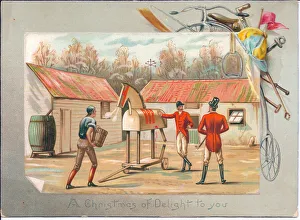 A Victorian Christmas card of two gentlemen dressed in hunting attire next to a wooden A Victorian Christmas card of two gentlemen dressed in hunting attire next to a wooden