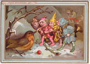 A Victorian Christmas card of a party of elves carrying musical instruments A Victorian Christmas card of a party of elves carrying musical instruments