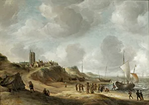 A view of Egmond aan Zee with fisherfolk on the beach and shipping offshore A view of Egmond aan Zee with fisherfolk on the beach and shipping offshore