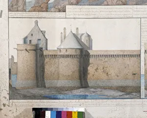 View of the ramparts, the king's tower and the tower of the arcades of Mont Saint Michel. Drawing by Emile Sagot View of the ramparts, the king's tower and the tower of the arcades of Mont Saint Michel. Drawing by Emile Sagot