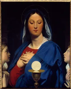 The virgin has the host. Symbols of communion: Object of the Eucharist The virgin has the host. Symbols of communion: Object of the Eucharist