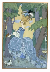 Walk in the Forest, illustration for Fetes Galantes by Paul Verlaine (1844-96) 1928 (pochoir print) Walk in the Forest, illustration for Fetes Galantes by Paul Verlaine (1844-96) 1928 (pochoir print)