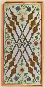 The Six of Wands, facsimile of a tarot card from the Visconti deck The Six of Wands, facsimile of a tarot card from the Visconti deck