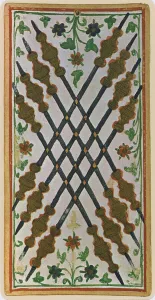 The Eight of Wands, facsimile of a tarot card from the Visconti deck The Eight of Wands, facsimile of a tarot card from the Visconti deck