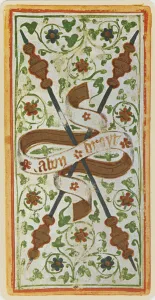 The Two of Wands, facsimile of a tarot card from the Visconti deck The Two of Wands, facsimile of a tarot card from the Visconti deck