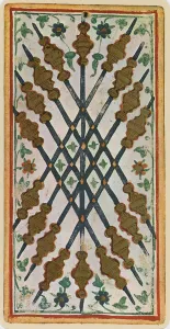 The Nine of Wands, facsimile of a tarot card from the Visconti deck The Nine of Wands, facsimile of a tarot card from the Visconti deck