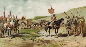 War chariot and lituus blowers, time of the Crusades, 11th Century (colour litho) War chariot and lituus blowers, time of the Crusades, 11th Century (colour litho)