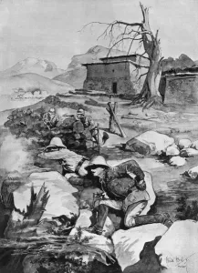 War Correspondents in danger from the Afridis, 1897 (lithograph) War Correspondents in danger from the Afridis, 1897 (lithograph)