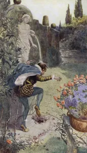 Water from a jug held by a statue in a garden pouring onto the head of French potter Bernard Palissy (colour litho) Water from a jug held by a statue in a garden pouring onto the head of French potter Bernard Palissy (colour litho)