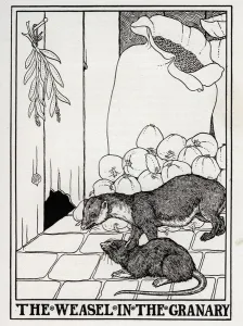The Weasel In The Granary (Collection 1, Book 3, fable 17) - engraving from 'A Hundred Fables of La Fontaine" The Weasel In The Granary (Collection 1, Book 3, fable 17) - engraving from 'A Hundred Fables of La Fontaine"