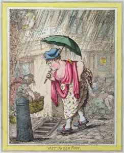 Wet Under Foot, published by Hannah Humphrey in 1812 (hand-coloured etching) Wet Under Foot, published by Hannah Humphrey in 1812 (hand-coloured etching)