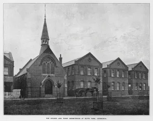 Whiteley's Farms: The church and three dormitories at Butts Farm, Hanworth (b/w photo) Whiteley's Farms: The church and three dormitories at Butts Farm, Hanworth (b/w photo)