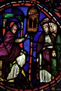 Window depicting a man preaching to three women, Ile de France Workshop (stained glass) Window depicting a man preaching to three women, Ile de France Workshop (stained glass)