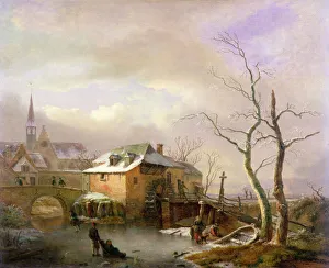 A Winter Landscape with Peasants on a Frozen Millpond by a Village (oil on canvas) A Winter Landscape with Peasants on a Frozen Millpond by a Village (oil on canvas)