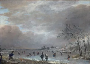 Winter Landscape with Skaters on a Frozen River (oil on panel) Winter Landscape with Skaters on a Frozen River (oil on panel)