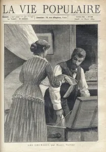A woman gives a shirt to her husband who prepares a trunk to go on a trip. Illustration by N A woman gives a shirt to her husband who prepares a trunk to go on a trip. Illustration by N